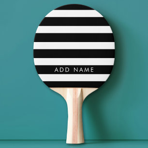Modern Black and White Striped Pattern Custom Name Ping Pong Paddle