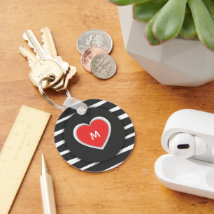 Modern Black and White Striped Red Heart Monogram Keychain