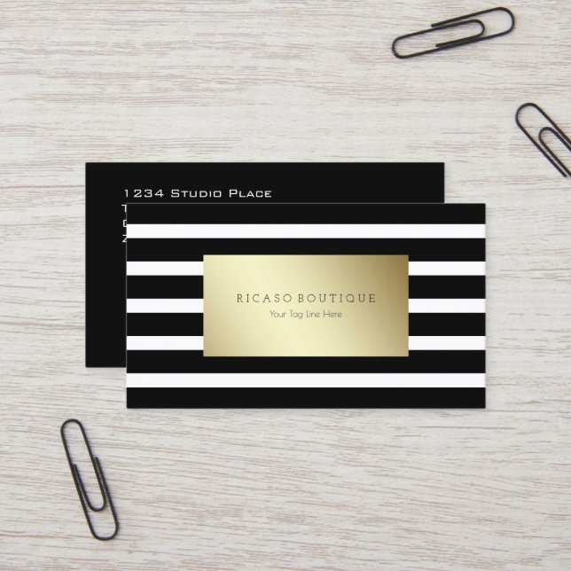 Modern black and white striped with gold business card (Front/Back In Situ)