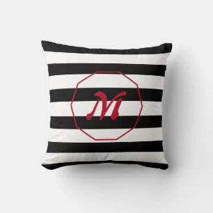 Modern black and white striped with Monogram Throw Pillow