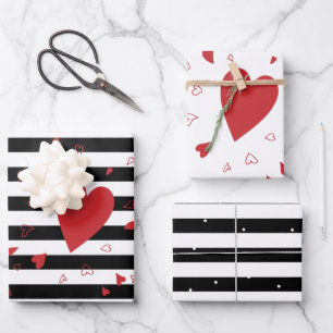 Modern Black and White Stripes and Red  Hearts Wrapping Paper Sheet