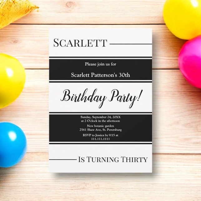 Modern Black And White Stripes Elegant Birthday Invitation (Creator Uploaded)