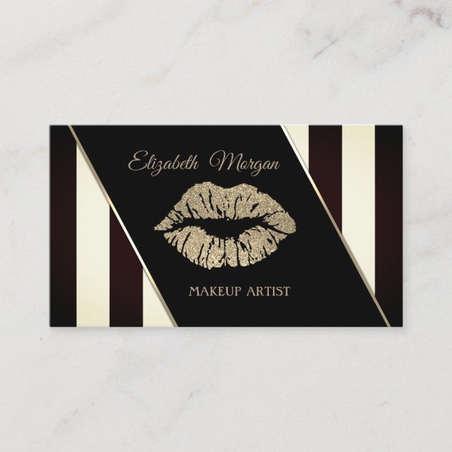 Modern Black And White Stripes,Glittery Lips Business Card (Front)