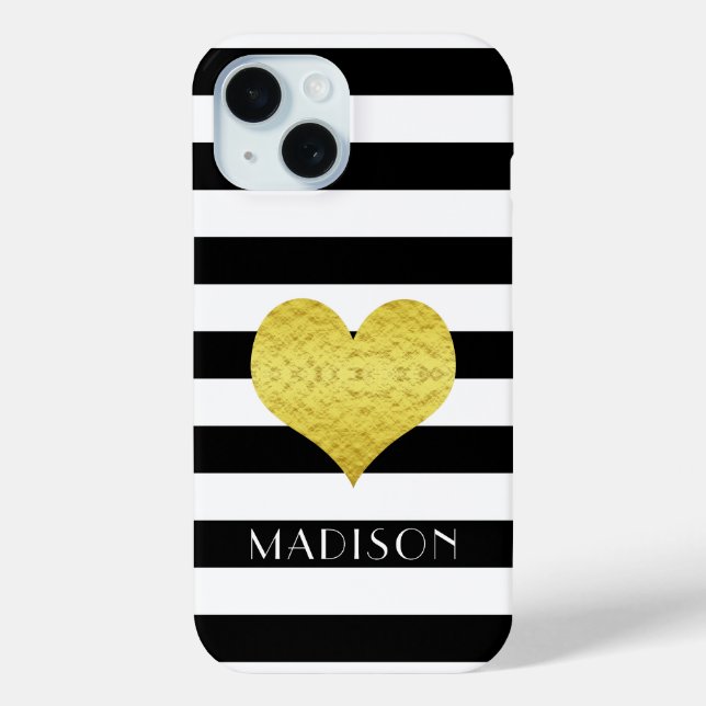 Modern Black And White Stripes Gold Heart Name Case-Mate iPhone Case (Back)