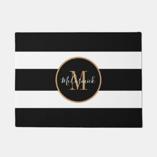 Modern Black And White Stripes Gold Monogram  Doormat