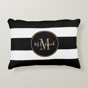 Modern Black And White Stripes Gold Personalized Accent Pillow