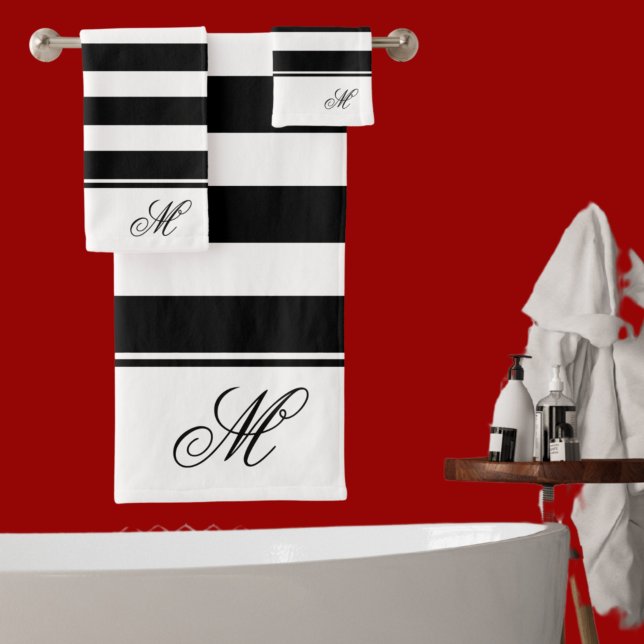 Modern Black and White stripes monogram bathroom B Bath Towel Set (Creator Uploaded)