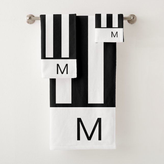Modern Black and White stripes monogram bathroom Bath Towel Set (Insitu)