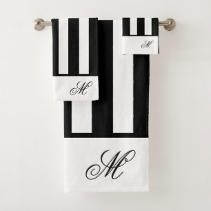 Modern Black and White stripes monogram bathroom Bath Towel Set
