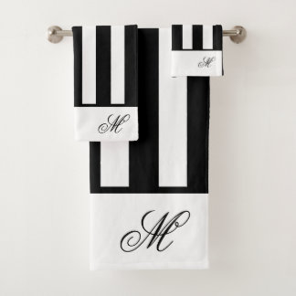 Modern Black and White stripes monogram bathroom Bath Towel Set