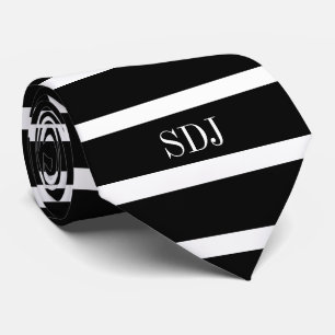 Modern Black And White Stripes Monogram Mens Tie