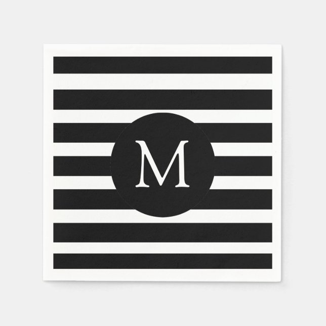 Modern Black and White Stripes Monogram Napkin (Front)