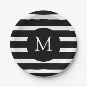 Modern Black and White Stripes Monogram Paper Plate