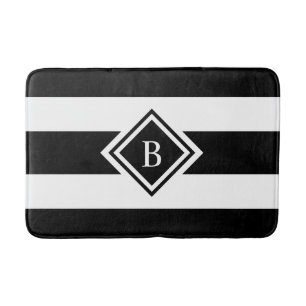 Modern Black and White Stripes Monogrammed Bath Mat