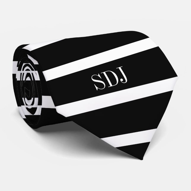 Modern Black And White Stripes Monogrammed Custom Tie (Rolled)