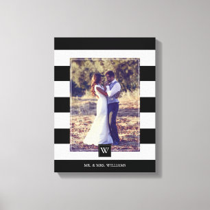 Modern Black and White Stripes Monogrammed Photo Canvas Print