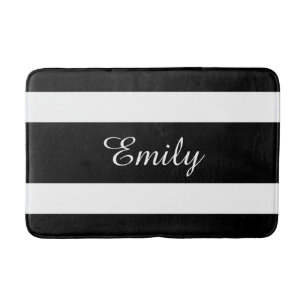 Modern Black And White Stripes Name Bath Mat