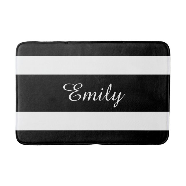 Modern Black And White Stripes Name Bath Mat (Front)