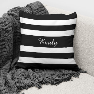 Modern Black And White Stripes Name Throw Pillow