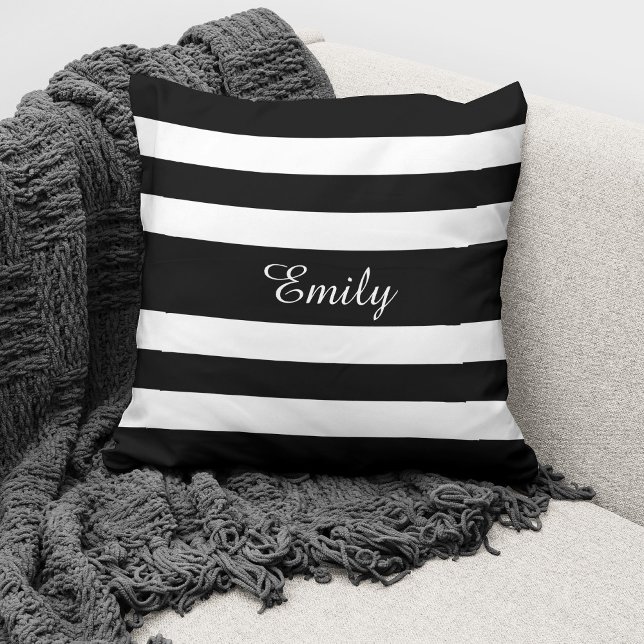 Modern Black And White Stripes Name Throw Pillow (Creator Uploaded)