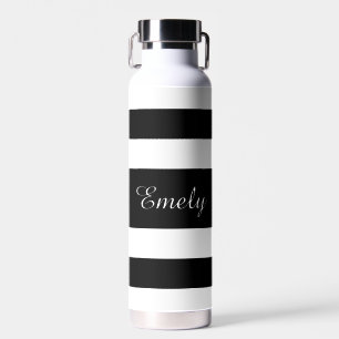 Modern Black And White Stripes Name Water Bottle