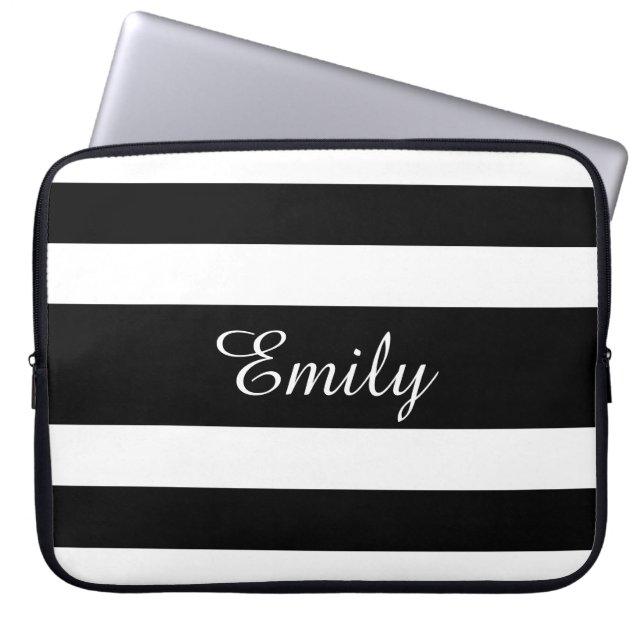Modern Black And White Stripes Pattern Name Laptop Sleeve (Front)