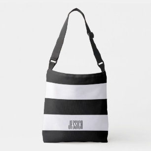 Modern Black and White Stripes Personalized Text Crossbody Bag