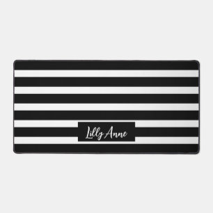 Modern Black And White Stripes Script Personalized Desk Mat