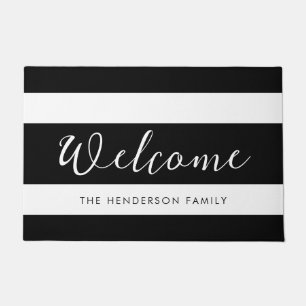 Modern Black And White Stripes Welcome Doormat