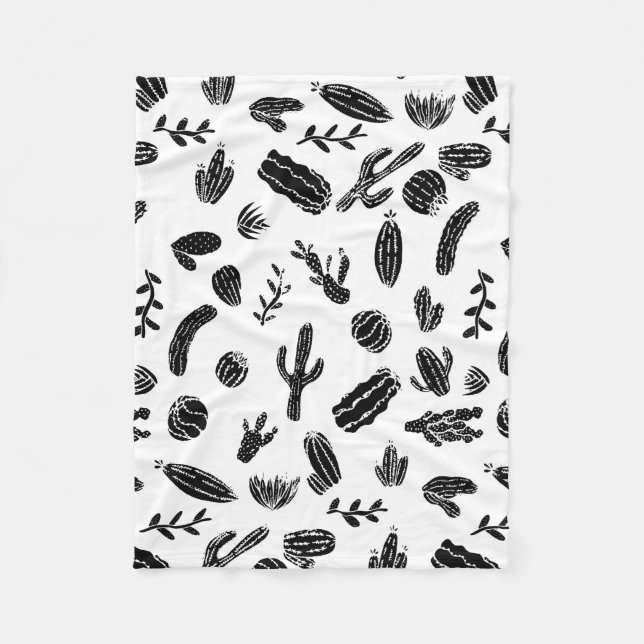Modern Black and White Succulent Cactus  Pattern Fleece Blanket (Front)