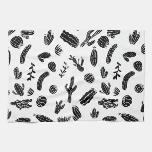 Modern Black and White Succulent Cactus Pattern Kitchen Towel