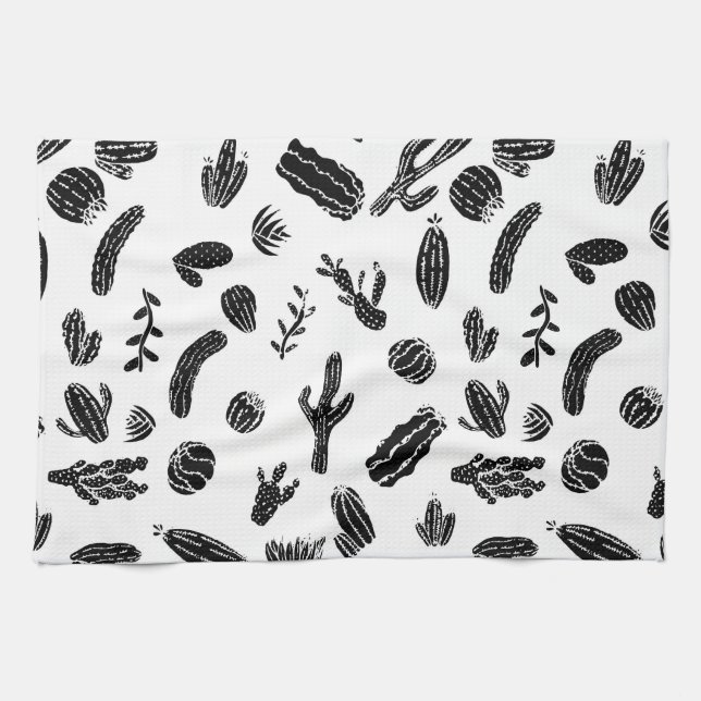 Modern Black and White Succulent Cactus  Pattern Kitchen Towel (Horizontal)