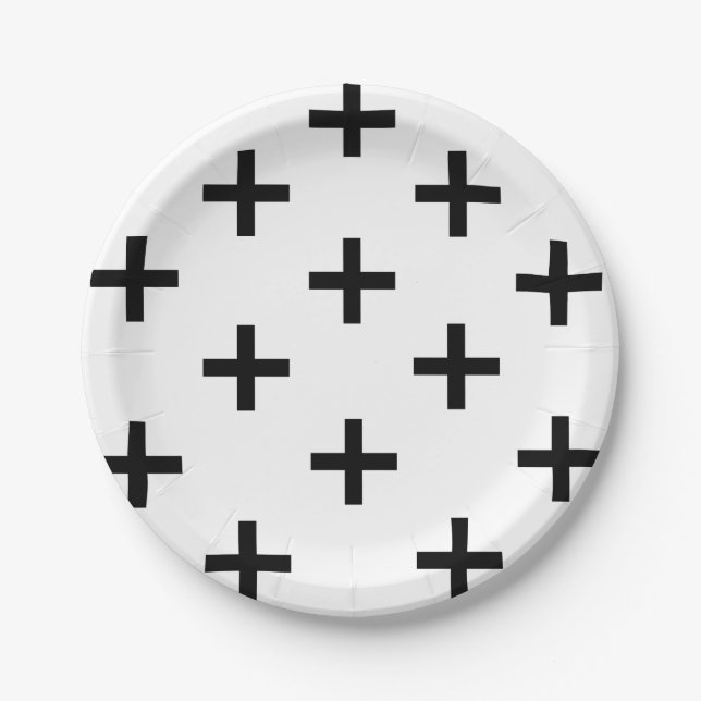 Modern black and white Swiss Cross pattern Paper Plate (Front)