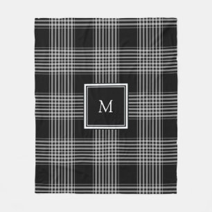 Modern black and white tartan family monogram fleece blanket