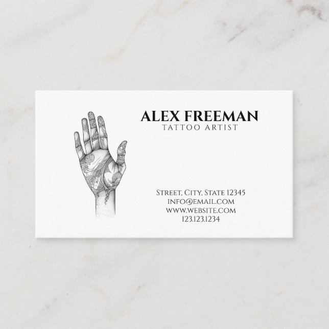 Modern Black and White Tattooed Hand Tattoo Artist Business Card (Front)