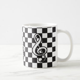 Modern Black and White Treble Clef on Chequerboard Coffee Mug