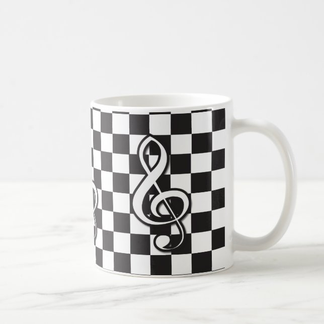 Modern Black and White Treble Clef on Chequerboard Coffee Mug (Right)