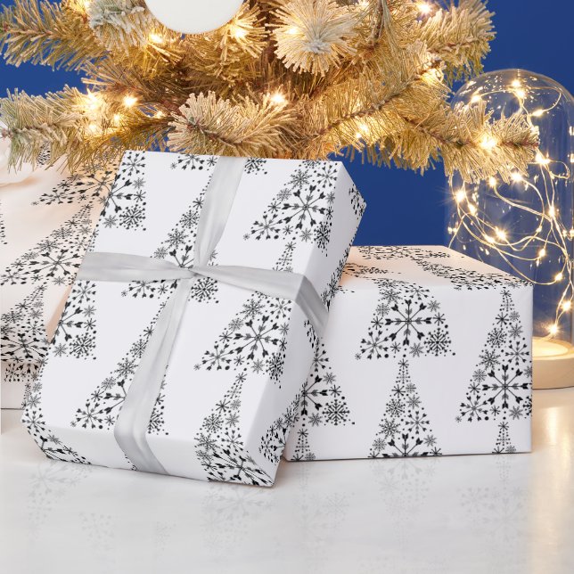 Modern Black And White Tree Minimalist Christmas  Wrapping Paper (Holidays)