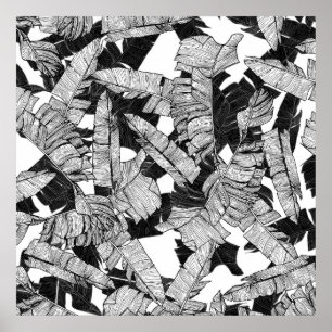Modern Black and White Tropical Banana Leaves Poster
