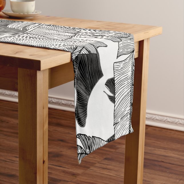 Modern Black and White Tropical Banana Leaves Short Table Runner (In Situ)