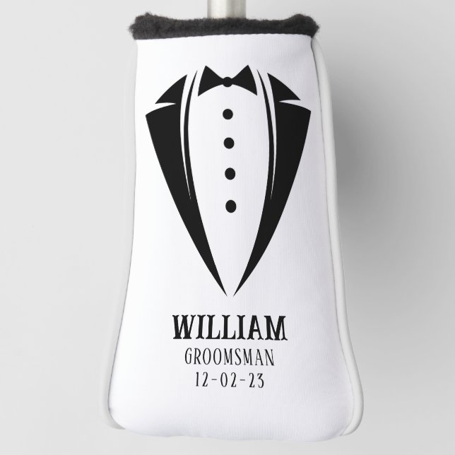Modern Black and White Tuxedo Groomsman Gift Golf Head Cover (Rotate 90)