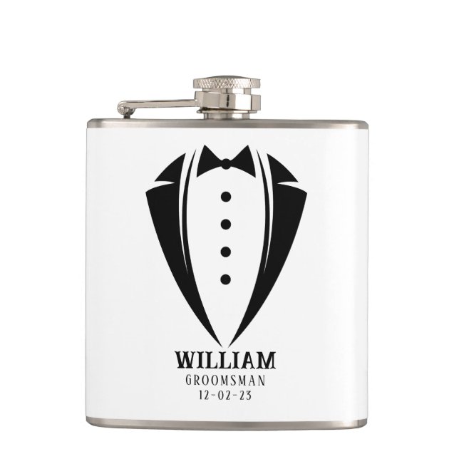 Modern Black and White Tuxedo Groomsman Gift Hip Flask (Front)