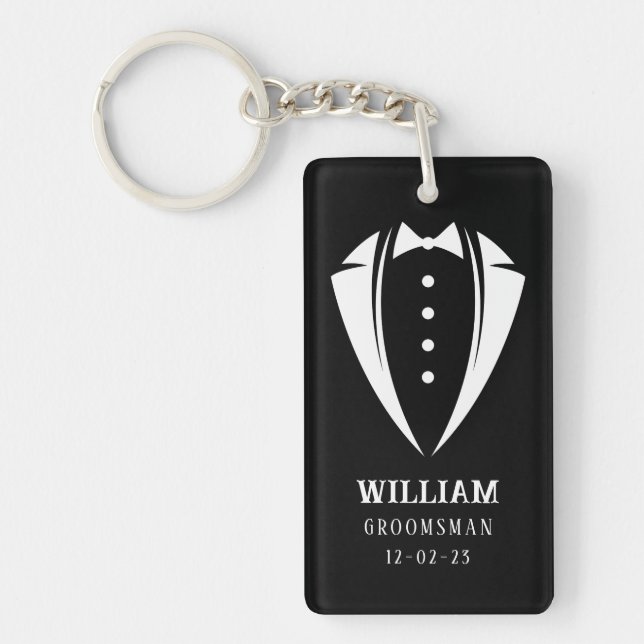 Modern Black and White Tuxedo Groomsman Gift Keychain (Front)