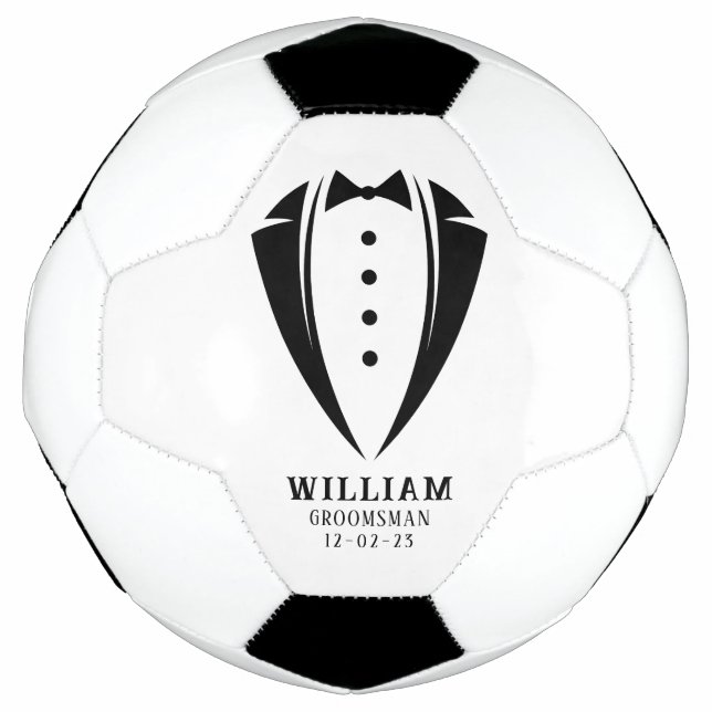 Modern Black and White Tuxedo Groomsman Gift Soccer Ball (Front)