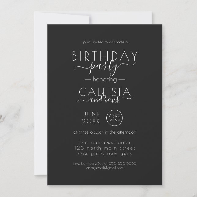 Modern Black and White Typography Birthday Invitation (Front)