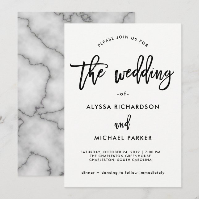 Modern Black and White Typography | Marble Wedding Invitation (Front/Back)