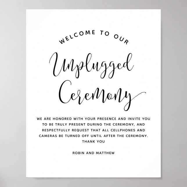 Modern, Black and White, Unplugged Ceremony Sign (Front)