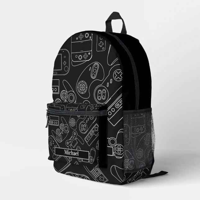 Modern Black and White Video Game Gamer  Printed Backpack (Back Corner Right)