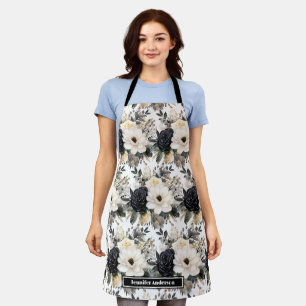 Modern Black and White Watercolor Floral Apron