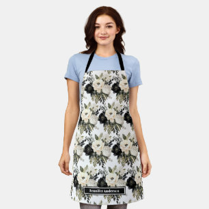 Modern Black and White Watercolor Floral Apron